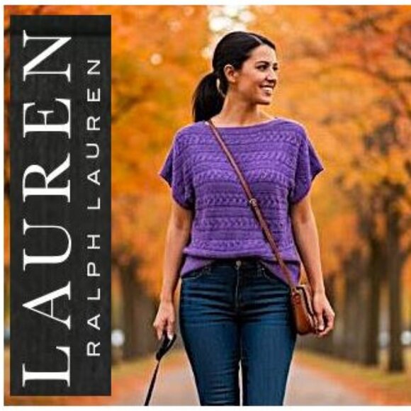 LAUREN by RALPH LAUREN - Classic cable knit short sleeve purple tunic sweater - Picture 1 of 7